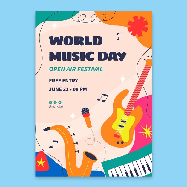 Modèle d'affiche verticale plate pour la célébration de la journée mondiale de la musique