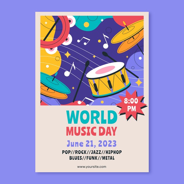 Modèle d'affiche verticale plate pour la célébration de la journée mondiale de la musique