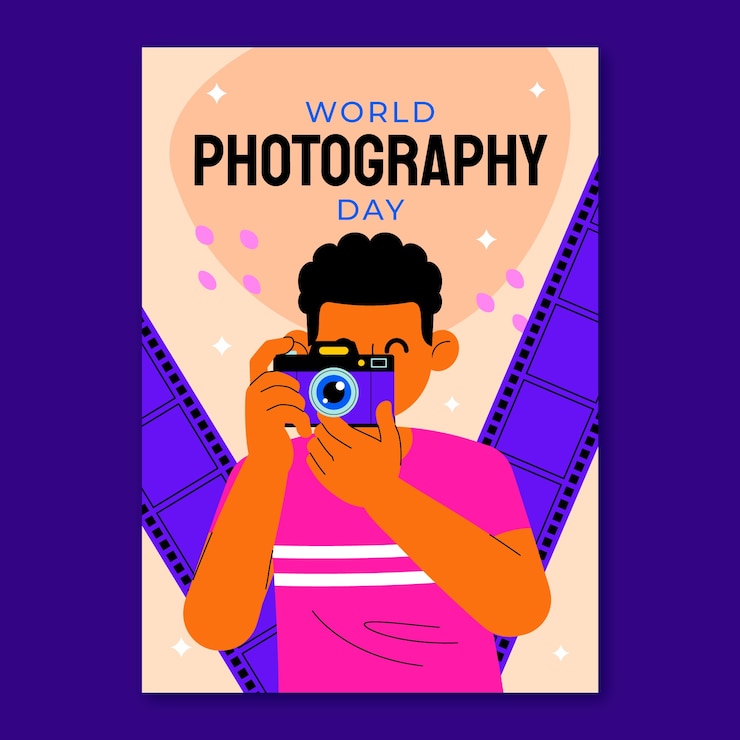 Vecteur gratuit modèle d'affiche verticale plate pour la célébration de la journée mondiale de la photographie