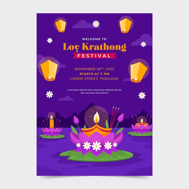 Vecteur gratuit modèle d'affiche verticale plate pour la célébration de loy krathong avec bougie et lanternes