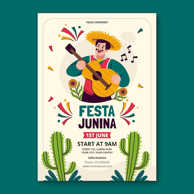 Vecteur gratuit modèle d'affiche verticale plate pour les célébrations des festas juninas brésiliennes