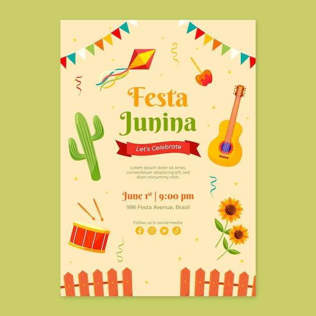 Vecteur gratuit modèle d'affiche verticale plate pour les célébrations des festas juninas brésiliennes
