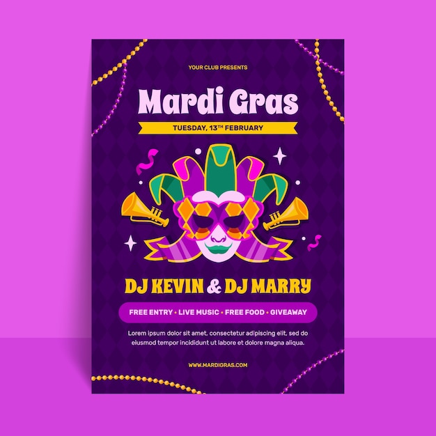 Vecteur gratuit modèle d'affiche verticale plate pour le festival du mardi gras