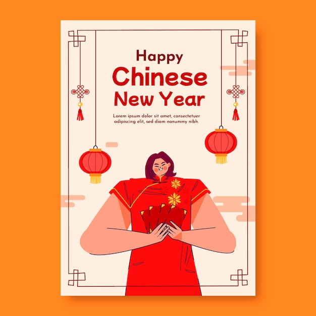 Vecteur gratuit modèle d'affiche verticale plate pour le festival du nouvel an chinois