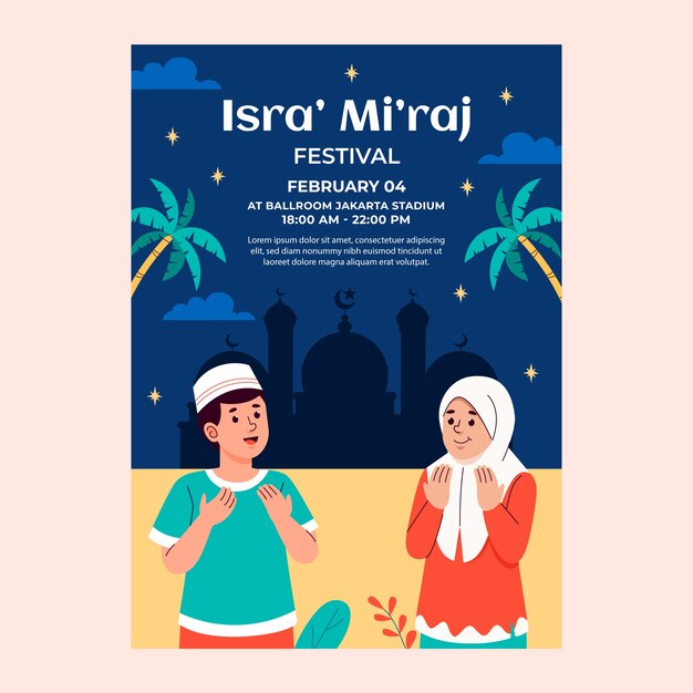 Vecteur gratuit modèle d'affiche verticale plate pour isra miraj