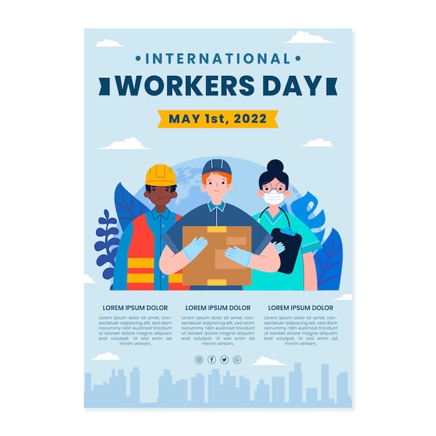 Vecteur gratuit modèle d'affiche verticale plate pour la journée internationale des travailleurs