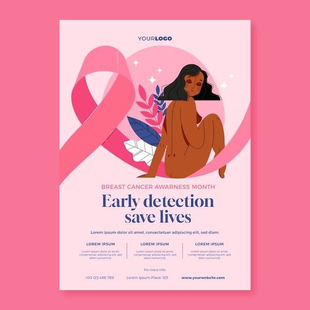 Vecteur gratuit modèle d'affiche verticale plate pour le mois de sensibilisation au cancer du sein