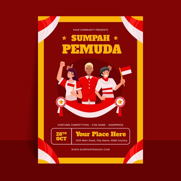 Modèle d'affiche verticale plate pour sumpah pemuda indonésien