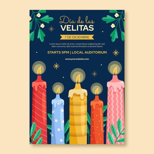 Vecteur gratuit modèle d'affiche verticale plate pour les vacances de dia de las velitas