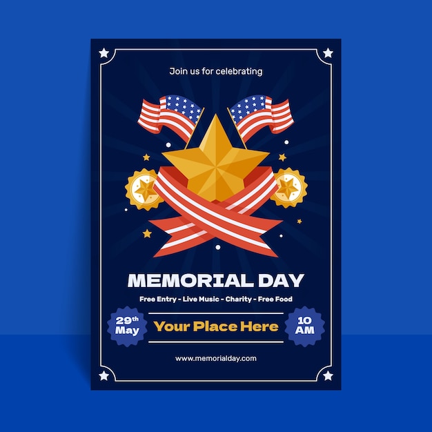 Vecteur gratuit modèle d'affiche verticale plate pour les vacances du jour du souvenir aux états-unis