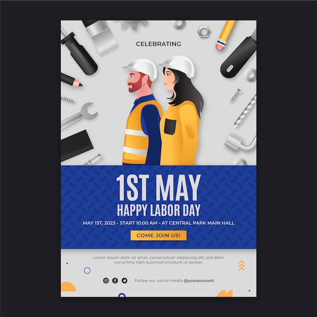 Vecteur gratuit modèle d'affiche verticale pour la célébration de la fête du travail du 1er mai