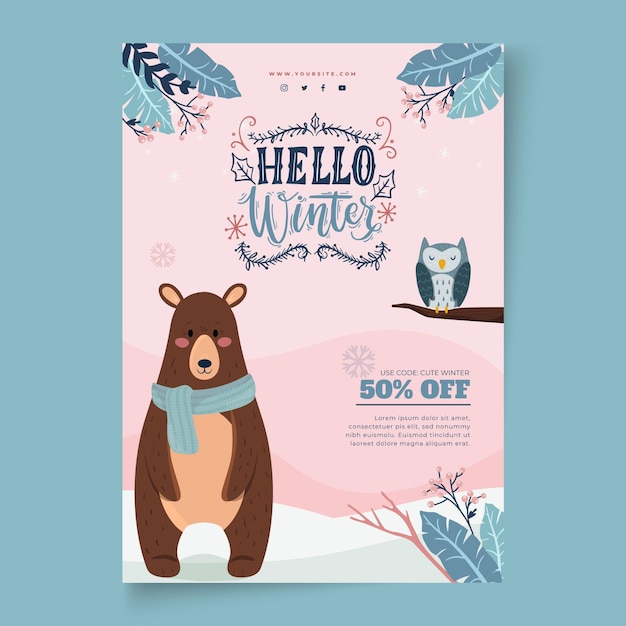 Vecteur gratuit modèle d'affiche verticale pour les soldes d'hiver avec ours et hibou