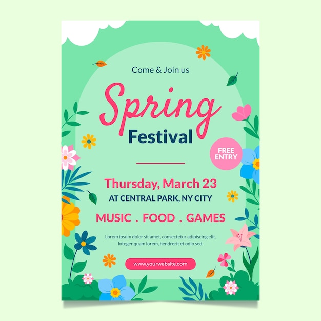 Vecteur gratuit modèle d'affiche verticale de printemps floral plat