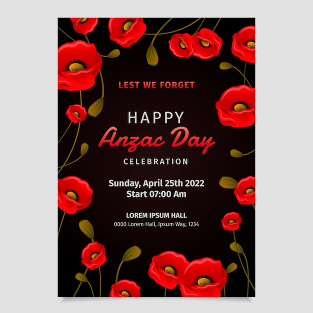 Vecteur gratuit modèle d'affiche verticale réaliste de l'anzac day