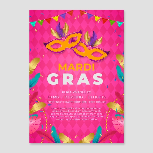 Vecteur gratuit modèle d'affiche verticale réaliste du mardi gras fest