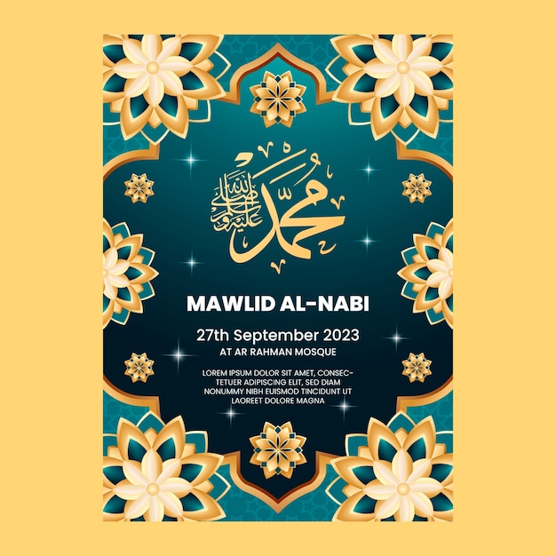 Vecteur gratuit modèle d'affiche verticale réaliste pour la célébration du mawlid al-nabi