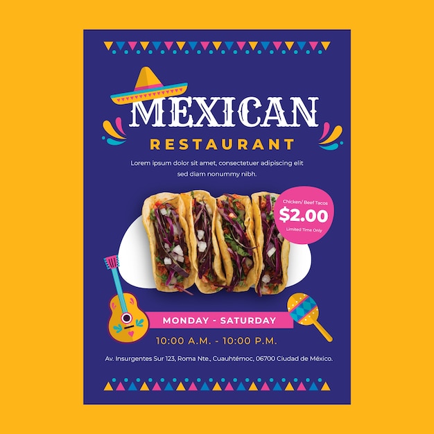 Vecteur gratuit modèle d'affiche verticale de restaurant de cuisine mexicaine plat