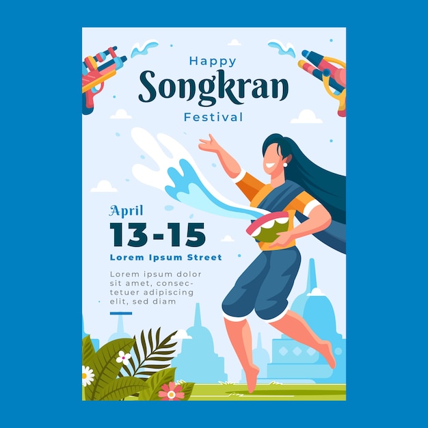 Vecteur gratuit modèle d'affiche verticale songkran plat