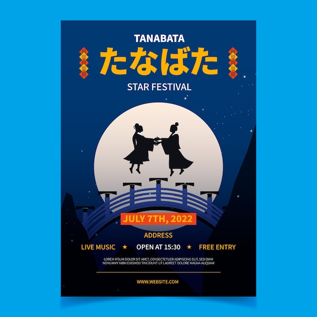 Modèle D'affiche Verticale Tanabata Plat Avec Couple Flottant Sur Le Pont