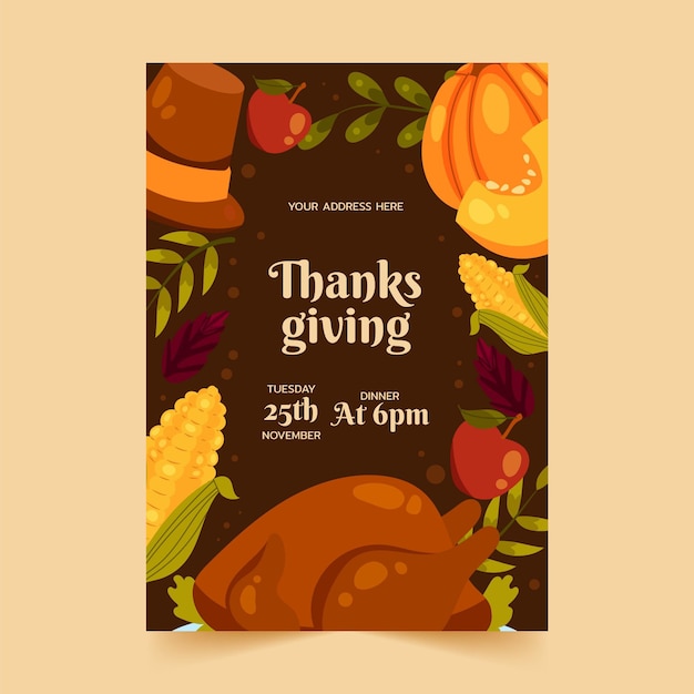 Vecteur gratuit modèle d'affiche verticale de thanksgiving plat dessiné à la main