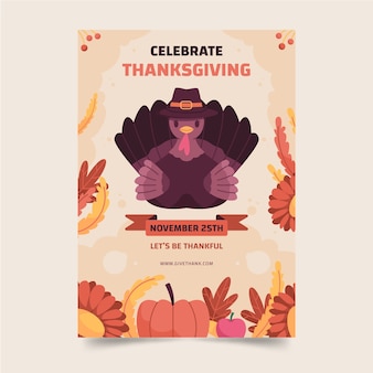 Modèle d'affiche verticale de thanksgiving plat dessiné à la main