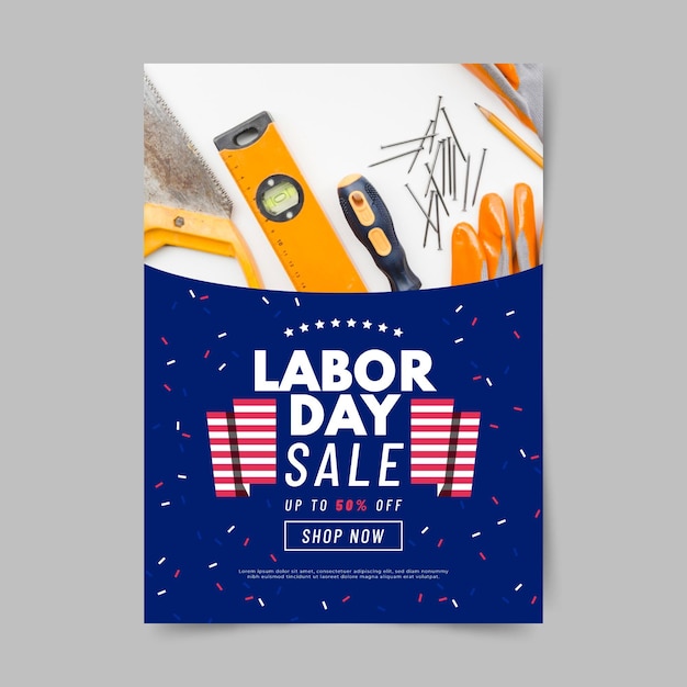 Vecteur gratuit modèle d'affiche verticale de vente de fête du travail usa plat