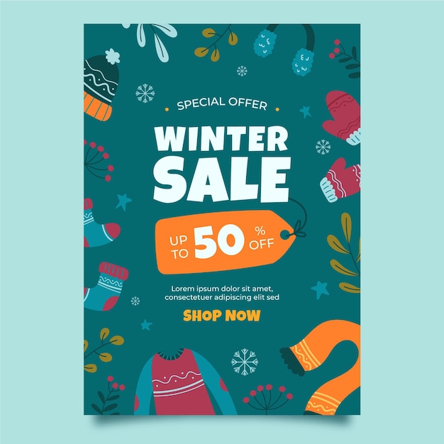 Vecteur gratuit modèle d'affiche verticale de vente d'hiver plat dessiné à la main