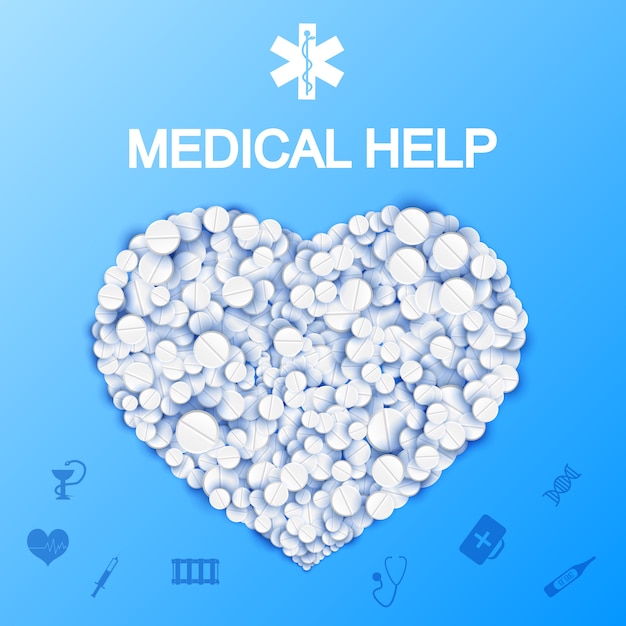 Modèle d'aide médicale abstraite avec forme de coeur de pilules et de médicaments sur illustration bleu clair