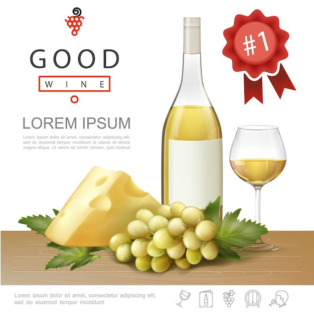 Vecteur gratuit modèle d'alcool premium réaliste avec bouteille et verre plein de fromage au vin blanc et grappe de raisin illustration