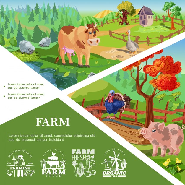 Modèle D'animaux De Ferme De Dessin Animé Avec Des Poulets D'oie De Vache De Dinde De Porc Mignon Belle Nature Et Paysages De Campagne Et étiquettes D'élevage