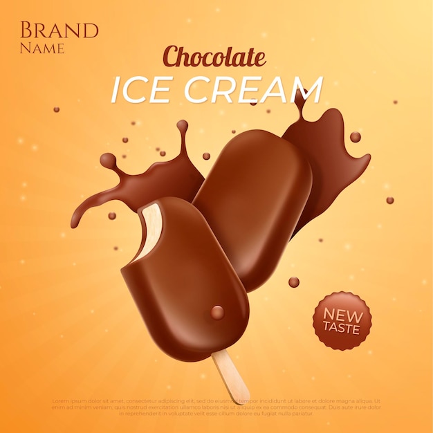 Vecteur gratuit modèle d'annonce réaliste de crème glacée au chocolat
