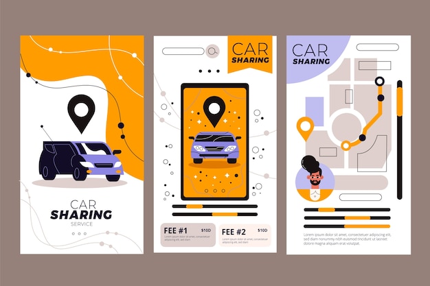 Vecteur gratuit modèle d'application de partage de voiture dessiné à la main