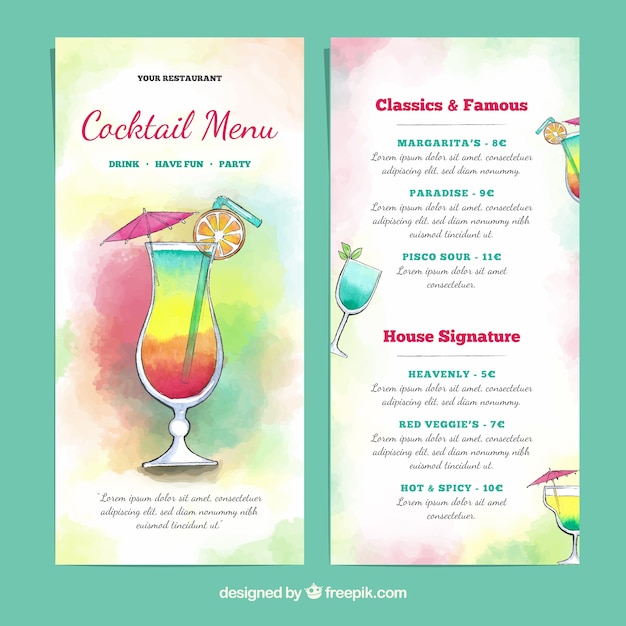 Modèle Aquarelle De Menu De Cocktails