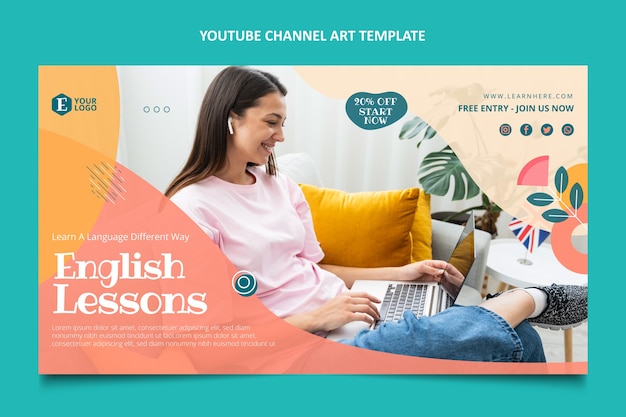 Vecteur gratuit modèle d'art de chaîne youtube de cours d'anglais dessinés à la main