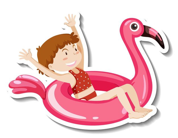 Un modèle d'autocollant d'une fille avec un anneau de natation flamant rose