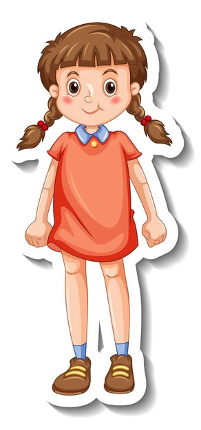 Modèle d'autocollant avec une fille heureuse en personnage de dessin animé de position debout isolé