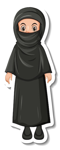 Vecteur gratuit un modèle d'autocollant avec une fille musulmane portant un hijab noir et un costume