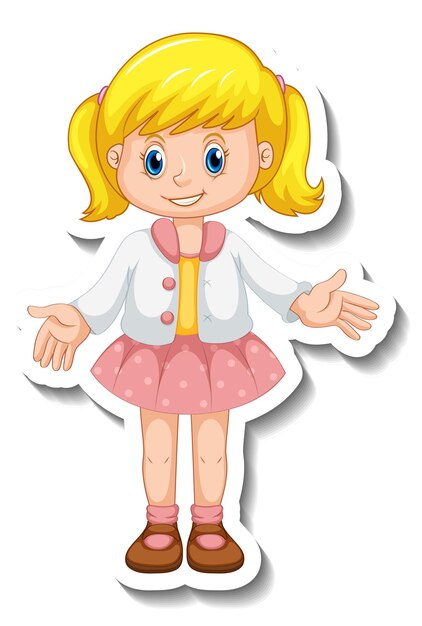 Modèle d'autocollant avec une fille en personnage de dessin animé de pose debout isolé