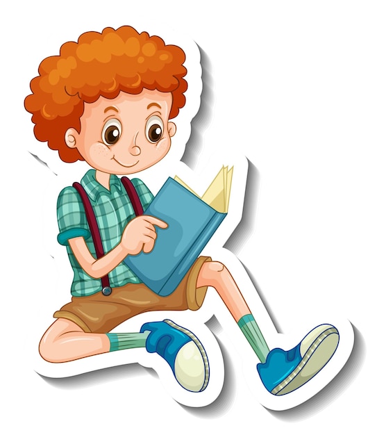 Modèle d'autocollant avec un garçon lisant un personnage de dessin animé de livre isolé
