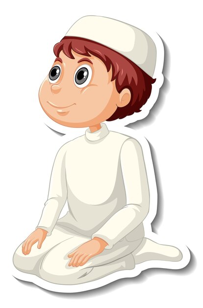 Un modèle d'autocollant avec un garçon musulman dans un personnage de dessin animé de pose de prière
