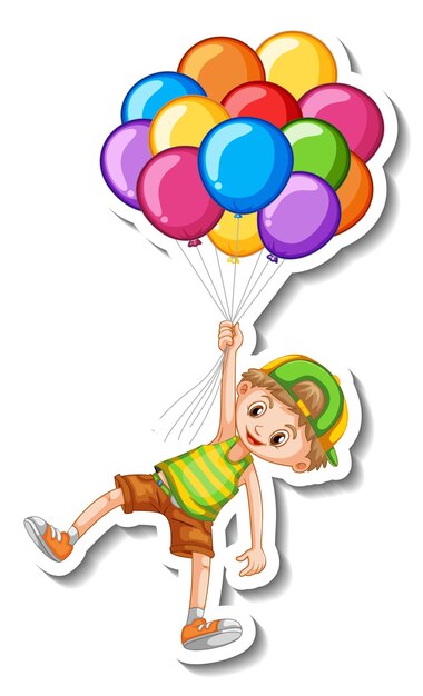 Modèle d'autocollant avec un garçon tenant de nombreux ballons isolés