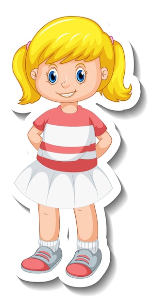 Modèle d'autocollant avec un personnage de dessin animé de fille mignonne isolé