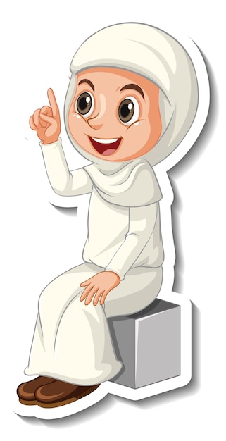 Vecteur gratuit un modèle d'autocollant avec un personnage de dessin animé de fille musulmane