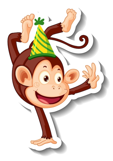 Vecteur gratuit un modèle d'autocollant avec un singe portant un chapeau de fête