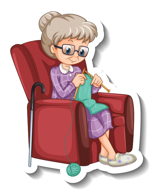 Vecteur gratuit un modèle d'autocollant avec une vieille femme tricotant et assise sur un canapé