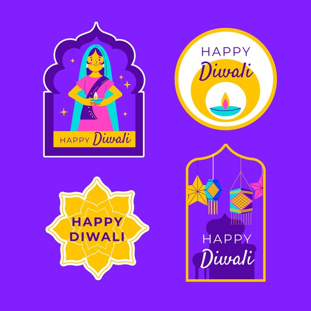 Vecteur gratuit modèle de badges diwali design plat