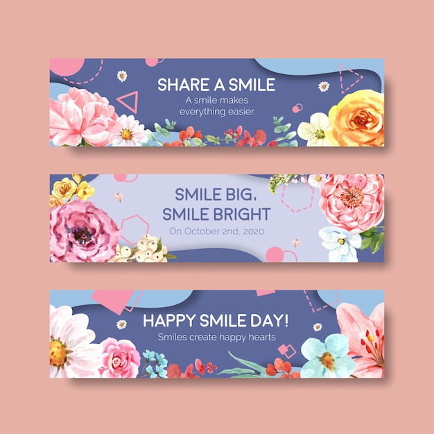 Vecteur gratuit modèle de bannière avec la conception de bouquet de fleurs pour le concept de la journée mondiale du sourire pour la publicité et la commercialisation d'illustraion de vecteur aquarelle.