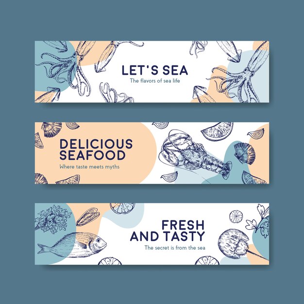 Vecteur gratuit modèle de bannière avec la conception de concept de fruits de mer pour la publicité et l'illustration de la brochure