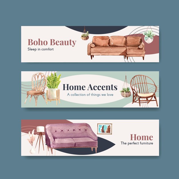 Modèle de bannière avec conception de concept de meubles boho pour la publicité et le marketing illustration aquarelle