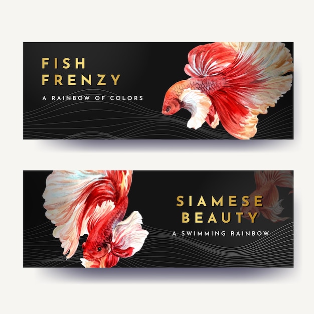 Vecteur gratuit modèle de bannière avec la conception de concept de poisson de combat siames pour la publicité et le marketing illustration vectorielle aquarelle